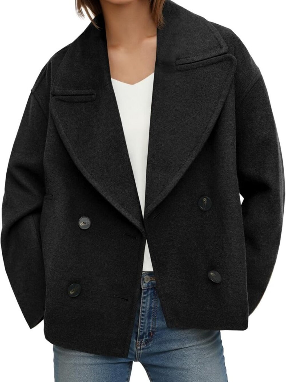 Chic Women's Cropped Wool Blend Peacoat with Notched Lapel - Stylish Overcoat